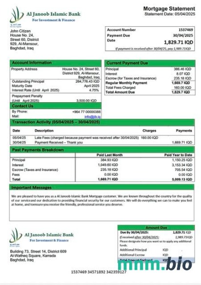Irak Bank Al Janoob Islamski wyciąg z kredytu hipotecznego szablon Word i PDF